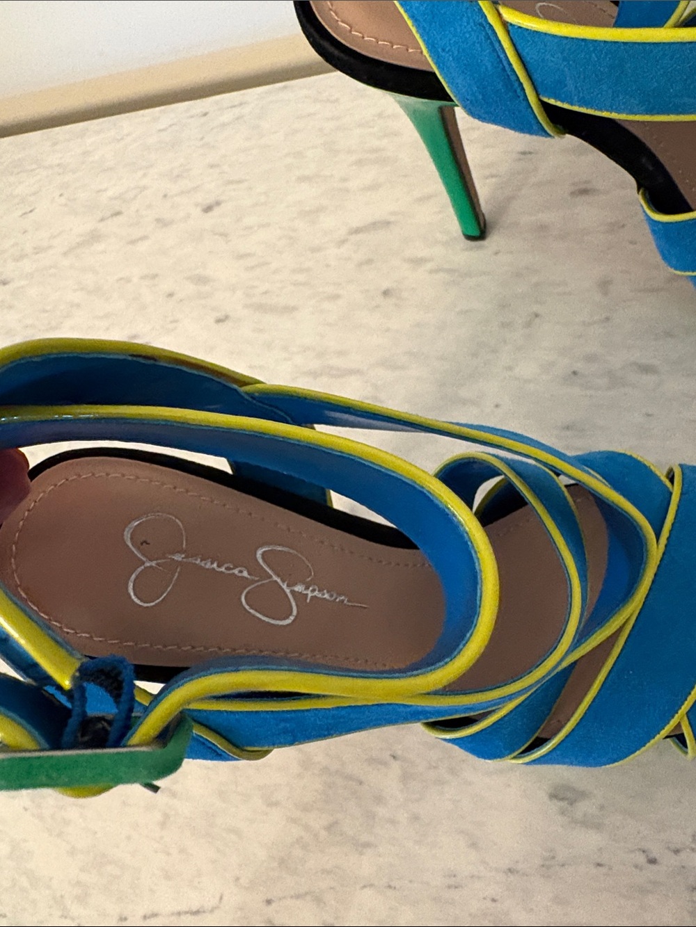 Jessica Simpson Turquoise & Green Strappy Suede Platform Heels Yellow Trim 8/38 - Picture 4 of 15